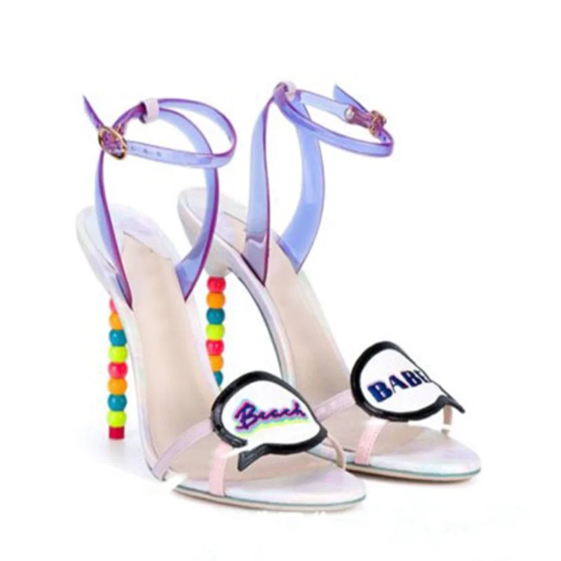 Women Slingback Sandal String Beading Heel Yellow Pink Printed Leather Gladiator Pearl Heels Patchwork Celebrating Summer Shoes