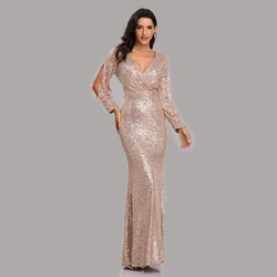 Sexy V-neck Mermaid Evening Dress Long Formal Prom Party Gown Full Sequins long Sleeve Galadress Vestidos Women Dresses 2021