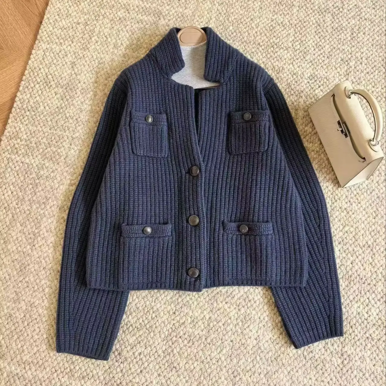 Elegant Cashmere Knitted Stand Collar Cardigan