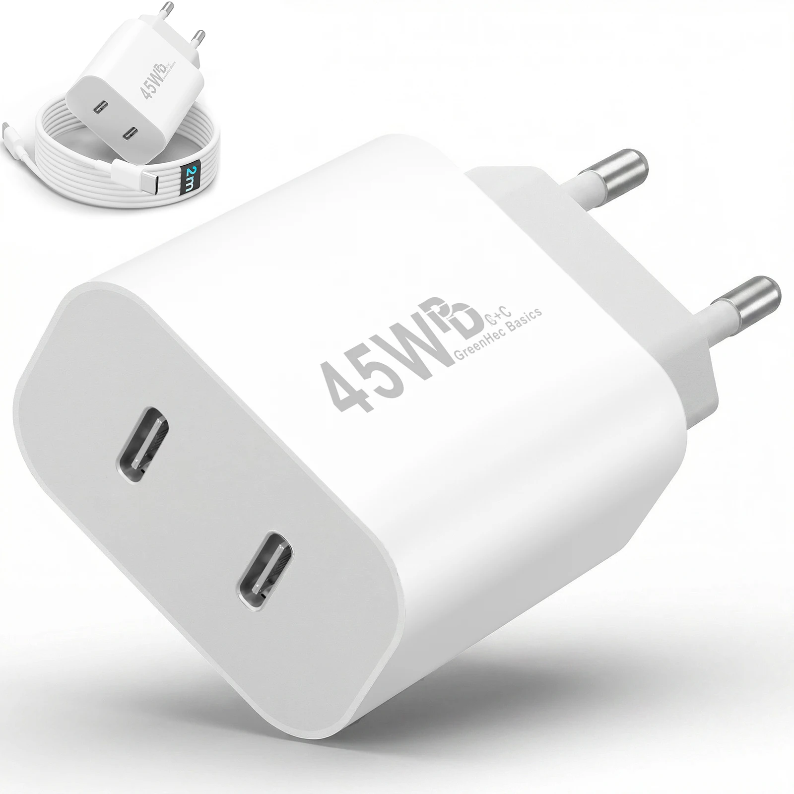 GreenHec USB C Schnellladegerät 45w Samsung Galaxy S26 S25 S24 S23 S22 S21 | iPhone 18 17 16 15, Google Pixel Fast Schnelllade-Gerät USB-C Dual Charger + 2x 1m Kabel , Ladegeräte USBC Handy Charger
