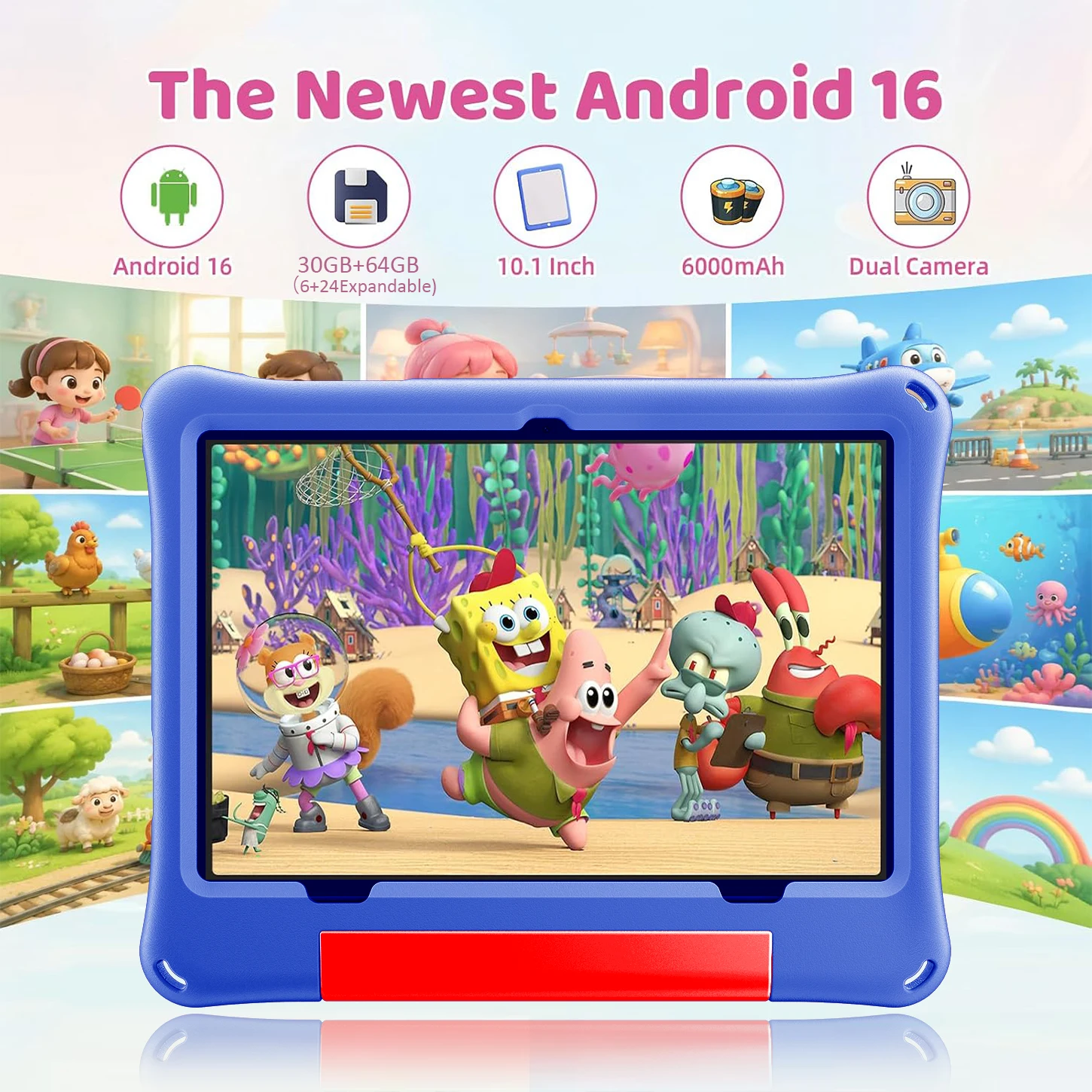 COLORROOM Kids Tablet 10.1 Inch Android 16, 6GB RAM 64GB ROM, 1TB Expandable, 6000mAh, WiFi, EVA Case, Parental Control, Google