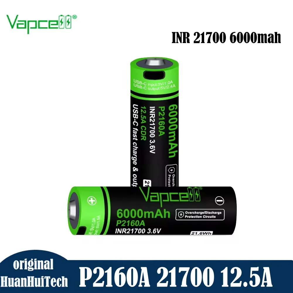 Original Vapcell P2160A 21700 USB-C Lithium Battery INR 21700 6000mah 12.5A 3.6V protected in anode battery for flashlight