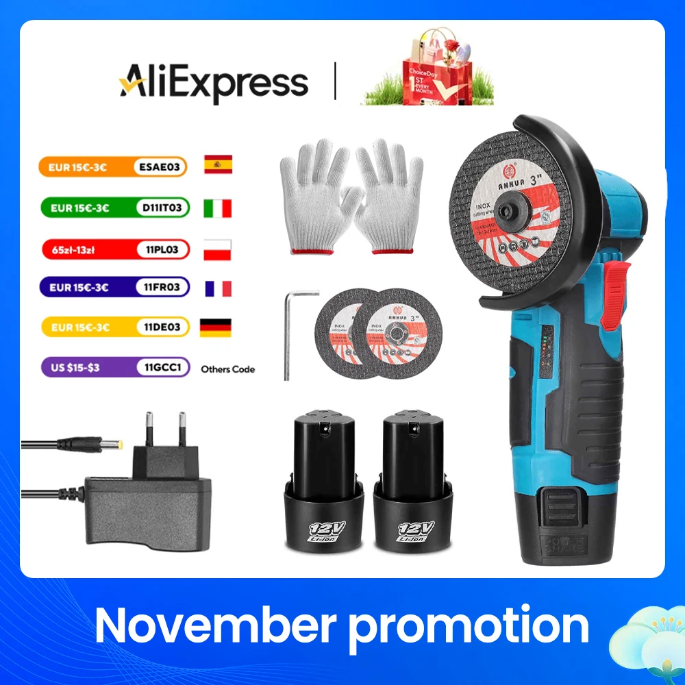 Mini amoladora angular de 19500rpm, 12V, máquina inalámbrica de molienda, batería de litio, amoladora recargable, potencia de amortiguación