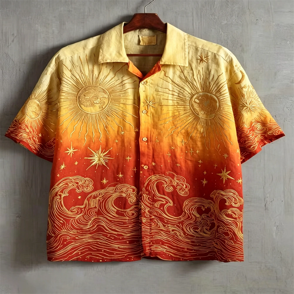 Men SummerCasual Shirt Gradient Gold Sun Star Ocean Wave Print Short Sleeve Lapel Button Up Beach Daily Street Retro Male Shirts