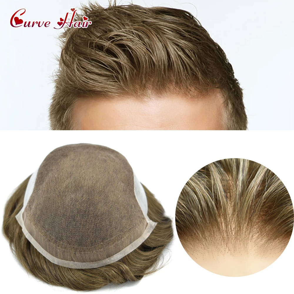 

French Lace Front Mens Toupee Human Remy Hair Capillary Prosthesis Clear Poly Sides Toupee for Men Bleached Knots Mens Wig Units