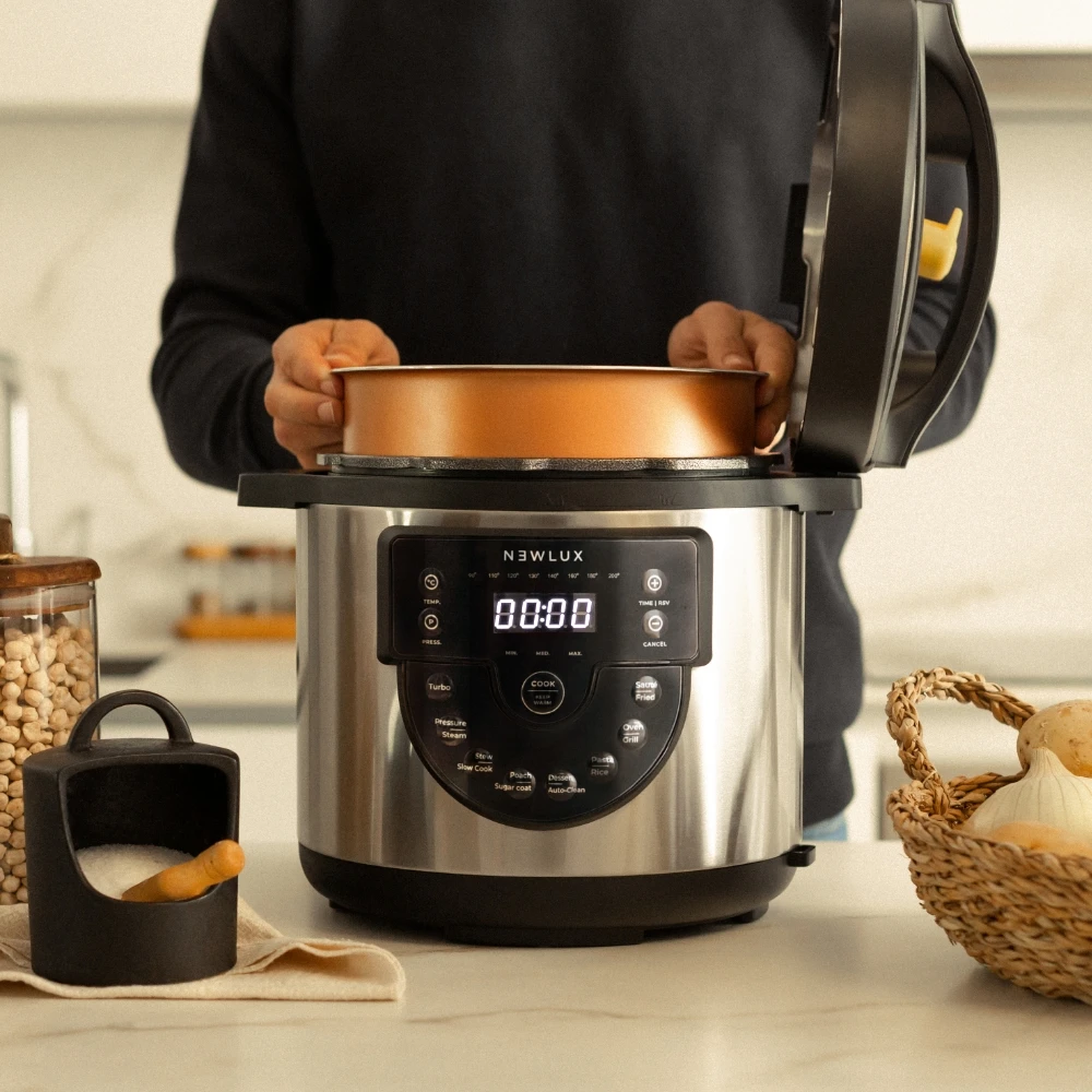 NEWLUX Olla Programable 6L Chef Pot V170 Negra, Olla a Presión con Voz, 15 Funciones, 1000W, Programable 24h, 4 Niveles Presión