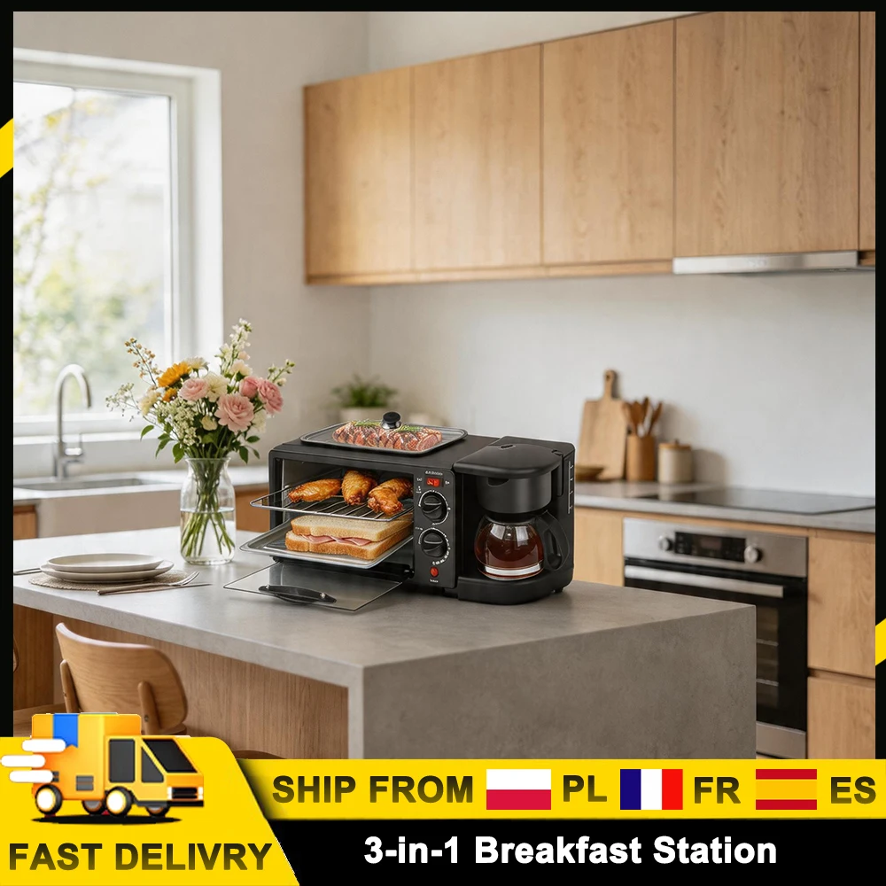 Machine à petit-déjeuner 3 en 1, micro-ondes multifonctionnel avec cafetière, four et plaque chauffante pour sandwichs, œufs, gâteaux, steaks à la maison