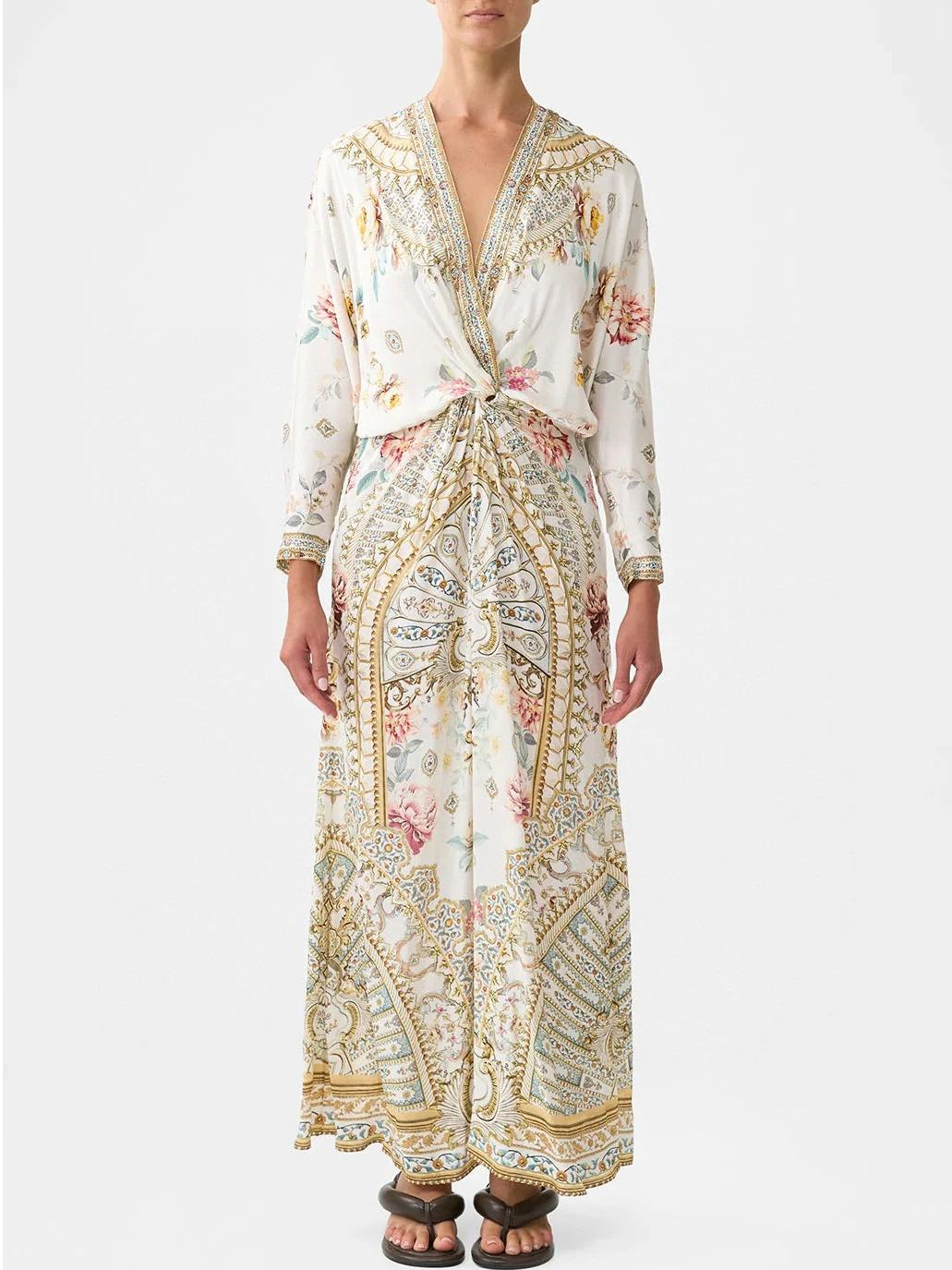 Abito lungo con stampa floreale bianca in vera seta al 100% Abito Boho da donna a maniche lunghe con scollo a V e parte anteriore intrecciata