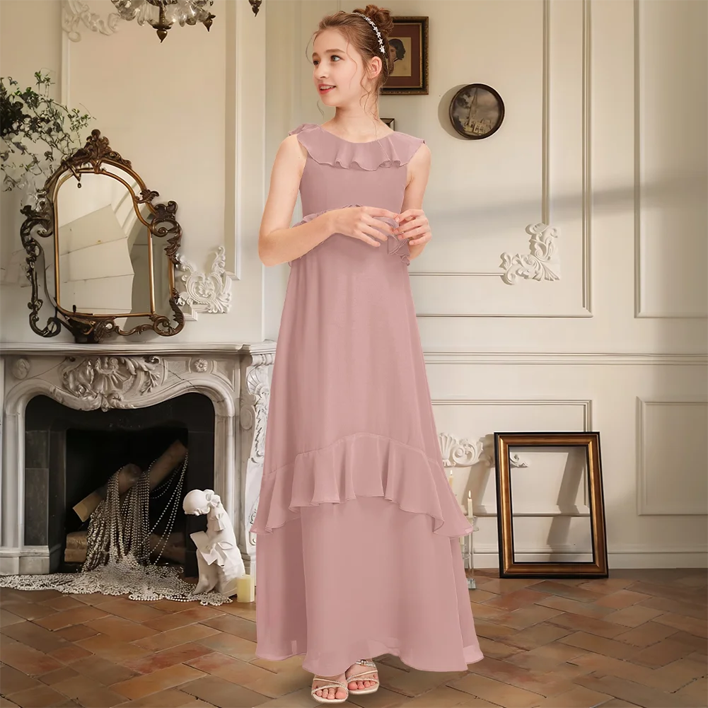 

Elegant A-line Scoop Floor-Length Chiffon Junior Bridesmaid Dress Cascading Ruffles Party Flower Girl Dress Kids Wedding Formal