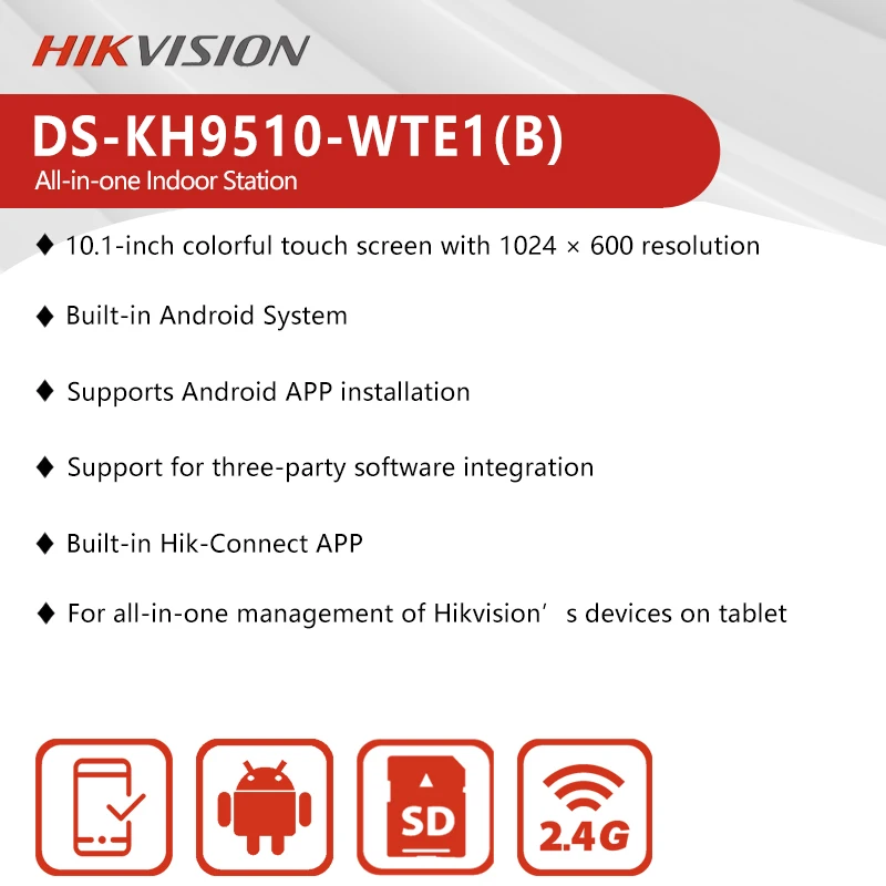 Hikvision Monitor interior de 10,1 pulgadas POE Videoportero IP Pantalla táctil Android Estación interior Hik-Connect DS-KH9510-WTE1(B)