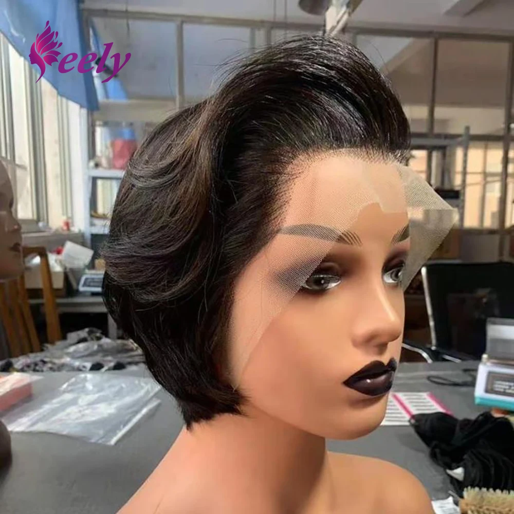 

Парик пикси-каре из натуральных волос с прозрачной кружевной основой 13x4, прямой парик пикси для женщин, с Т-образным кружевным фронтом, предварительно выщипанный, короткий парик-боб