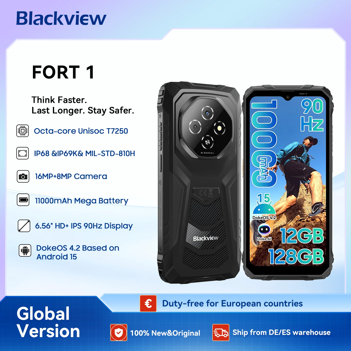 Blackview FORT 1 téléphones robustes, téléphone intelligent Android 15 AI 6.65 pouces jusqu'à 18 Go/256 Go, téléphones extérieurs 4G 10000 mAh, pas de chargeur UE