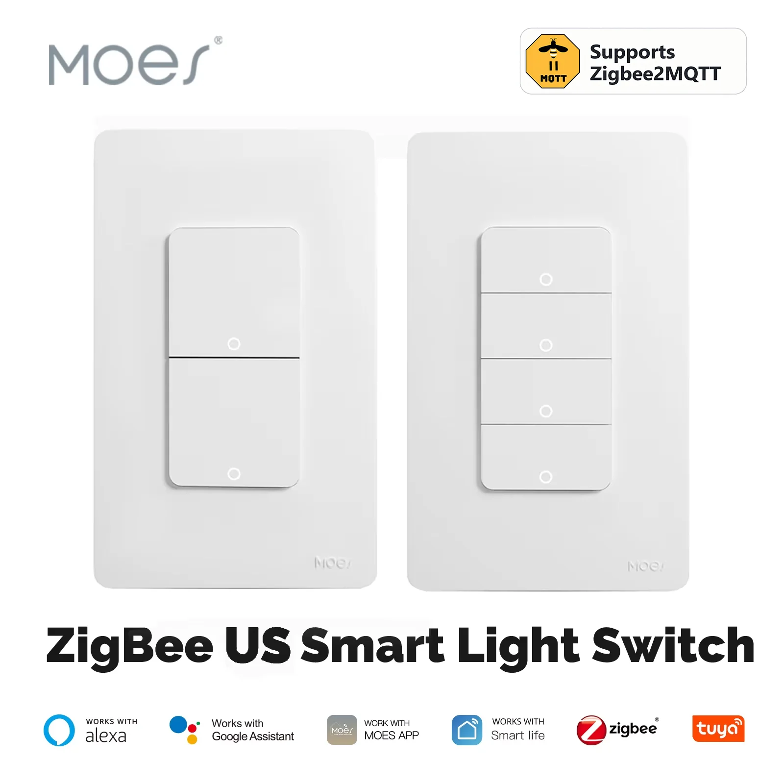 MOES Tuya ZigBee Smart Light Switch US Push Button Wall Switch Support Alexa Google Home Neutral/No Neutral Wire Required 2MQTT