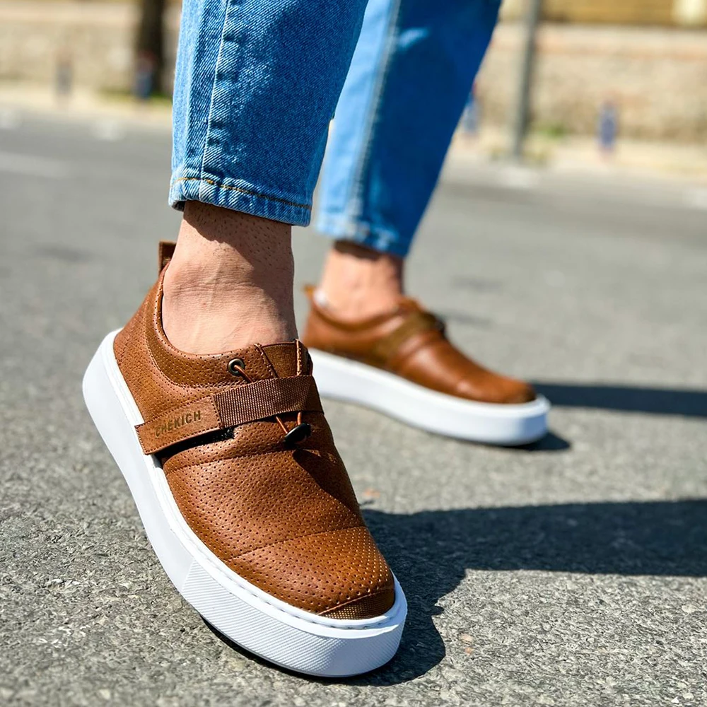 FOH Store Men Shoes TAN Color Non Leather Elastic Band 2023 Spring and Fall Seasons New Fashion Casual Breathable Sneakers Suits Comfortable Solid Sole Office Fashion Wedding Walking Lightweight 147