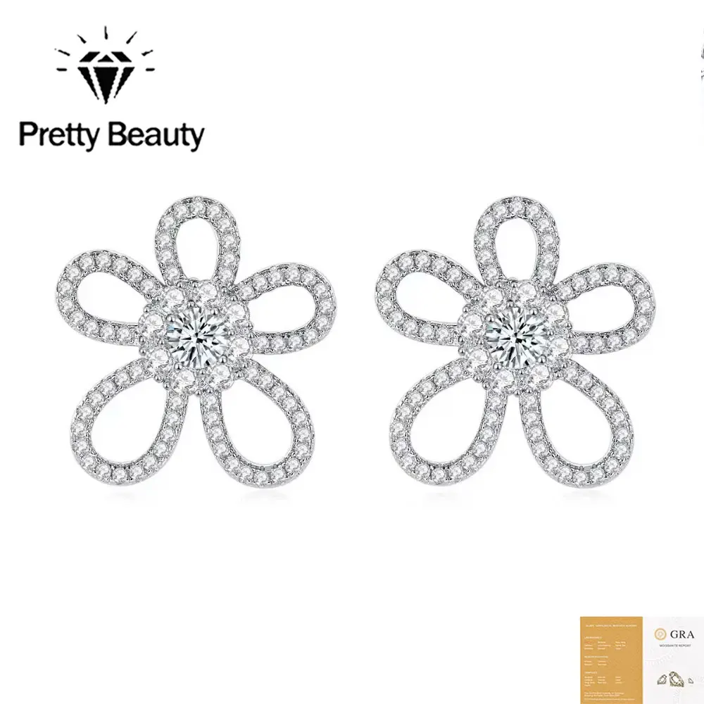 Pretty Beauty Moissanite Flower Stud Earrings for Women S925 Silver 5 Petal Floral Cluster Earrings Hypoallergenic Jewelry Gift