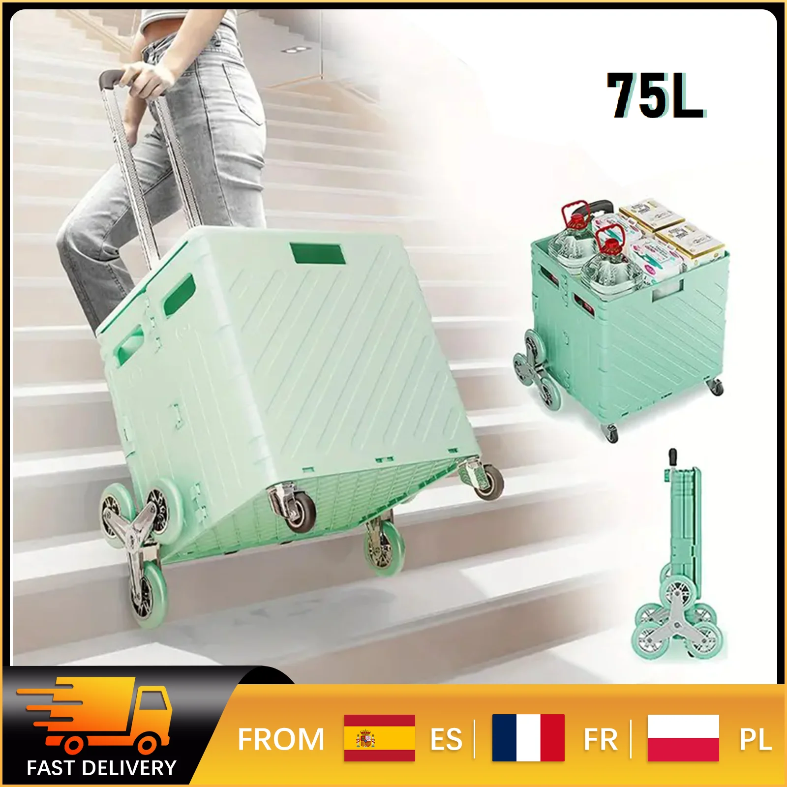 Carrito de compras plegable de 75L con ruedas, equipaje rodante portátil de aleación de aluminio para subir escaleras, comestibles, Camping, viajes