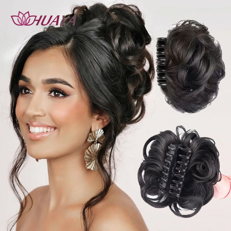 Synthetic Messy Bun Chignon Claw Clip in Hair Piece Wavy Curly Hair Bun Ponytail Extensions Scrunchie Hairpieces for Women