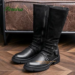 Men's Winter Casual Leather Shoes Brown Vintage Stitching Pleated Heightening Boots Buckle Round Toe Knee High Men Shoes Plus