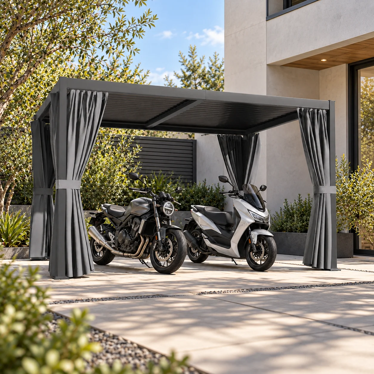 10x12 FT Outdoor Carport, Heavy Duty Hardtop Car Shelter with Curtains and Netting, Adjustable Louvered Roof, Privacy Shade for Motorcycles, Electric Scooters, Backyard and Driveway, Dark Gray