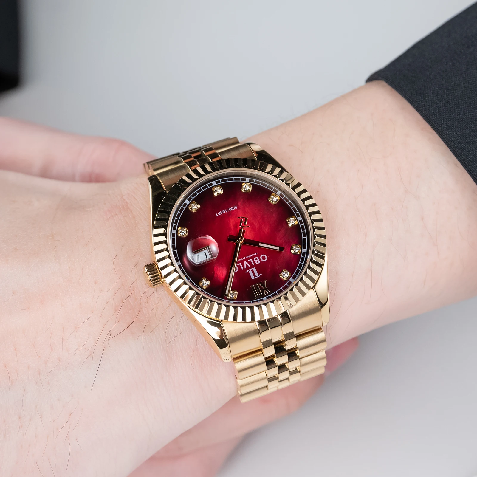 

OBLVLO браслет из желтого золота, кварцевые часы, модные водонепроницаемые наручные часы из нержавеющей стали с датой, дизайнерский бренд RX-PE