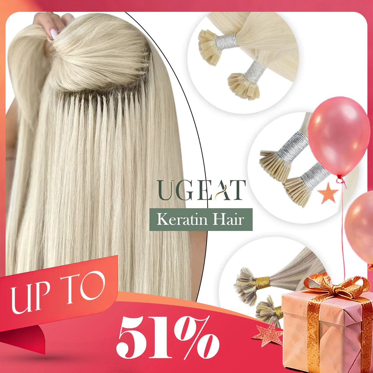 Ugeat Keratin Hair Extensions Human Hair Fushion Remy Hair 14-22\