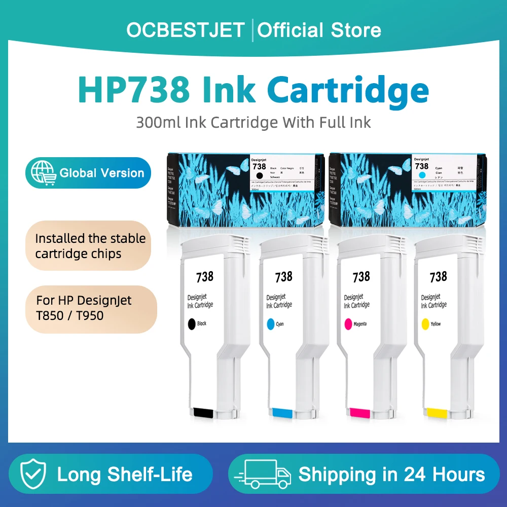 

Для HP 738, картридж T850 с полным пигментным чернилом HP 738 для принтера HP Designjet T850 T950, резервуар для чернил 300 мл, 676M6A, 676M7A, 676M8A