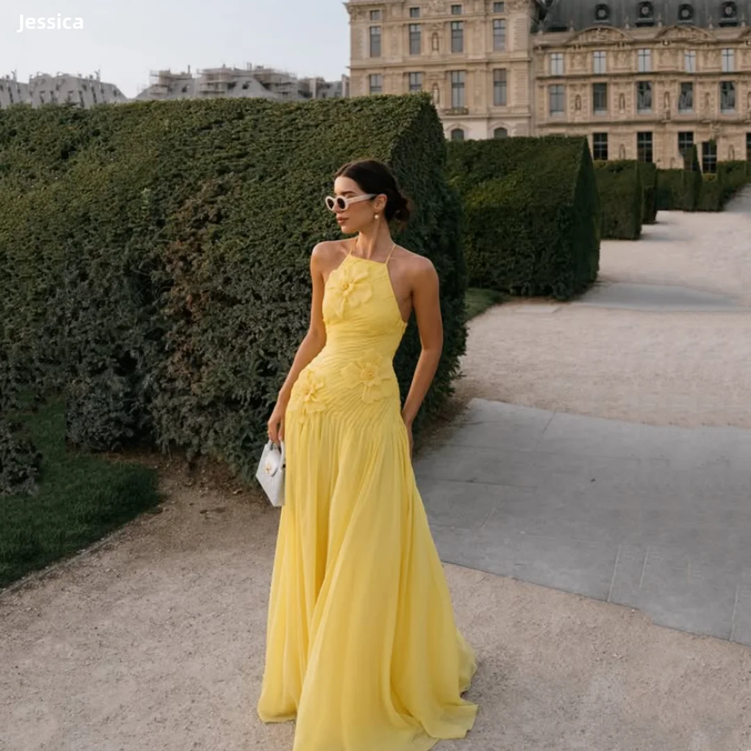 

Jessica 3D Handmade Flowers Evening Dresses Exquisite Yellow PromDresses Halter Neck A-line Women's Party DressesCustomized
