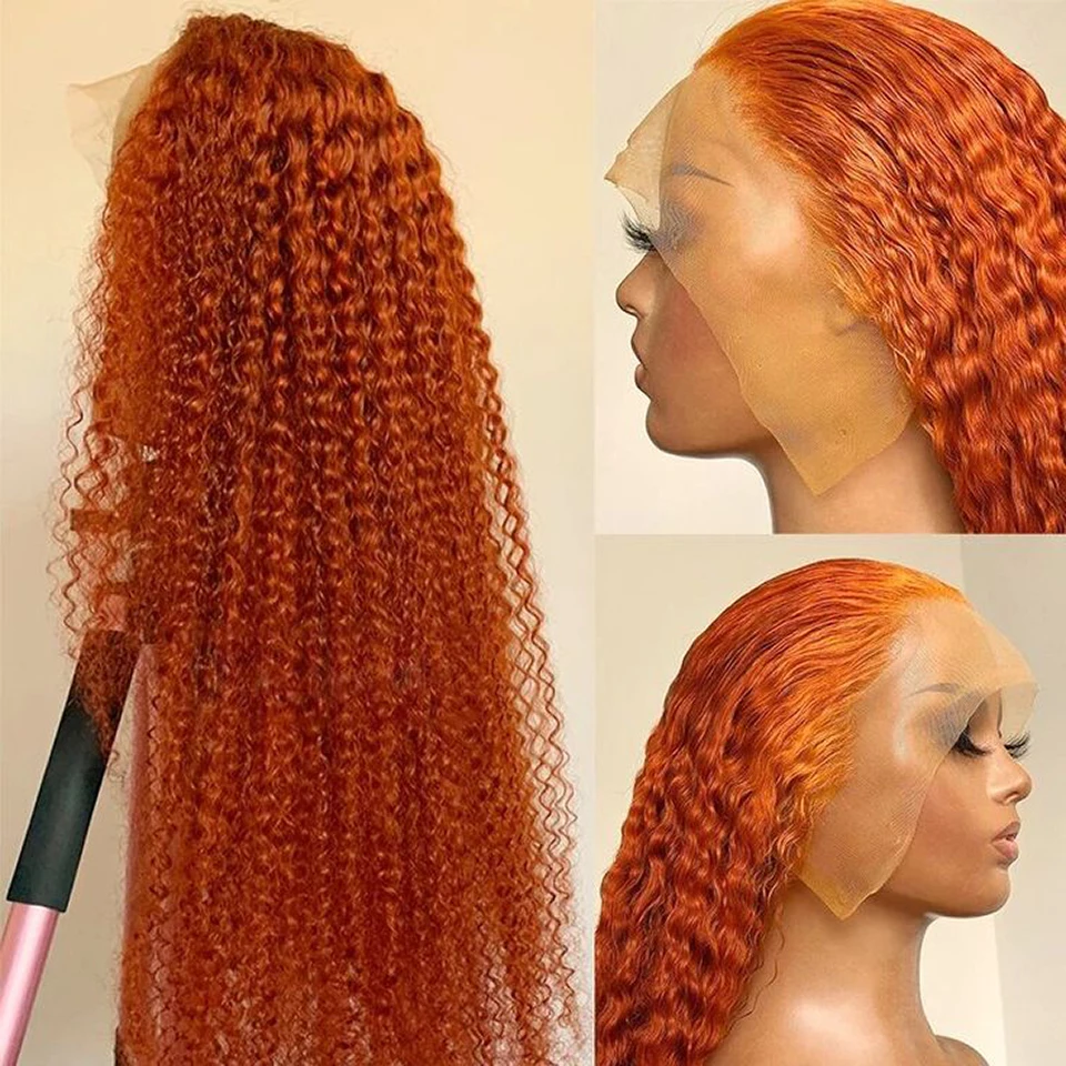 Peruca dianteira do laço HD transparente para mulheres, onda profunda, cabelo humano remy, cor laranja gengibre, 200 densidade, 13x6