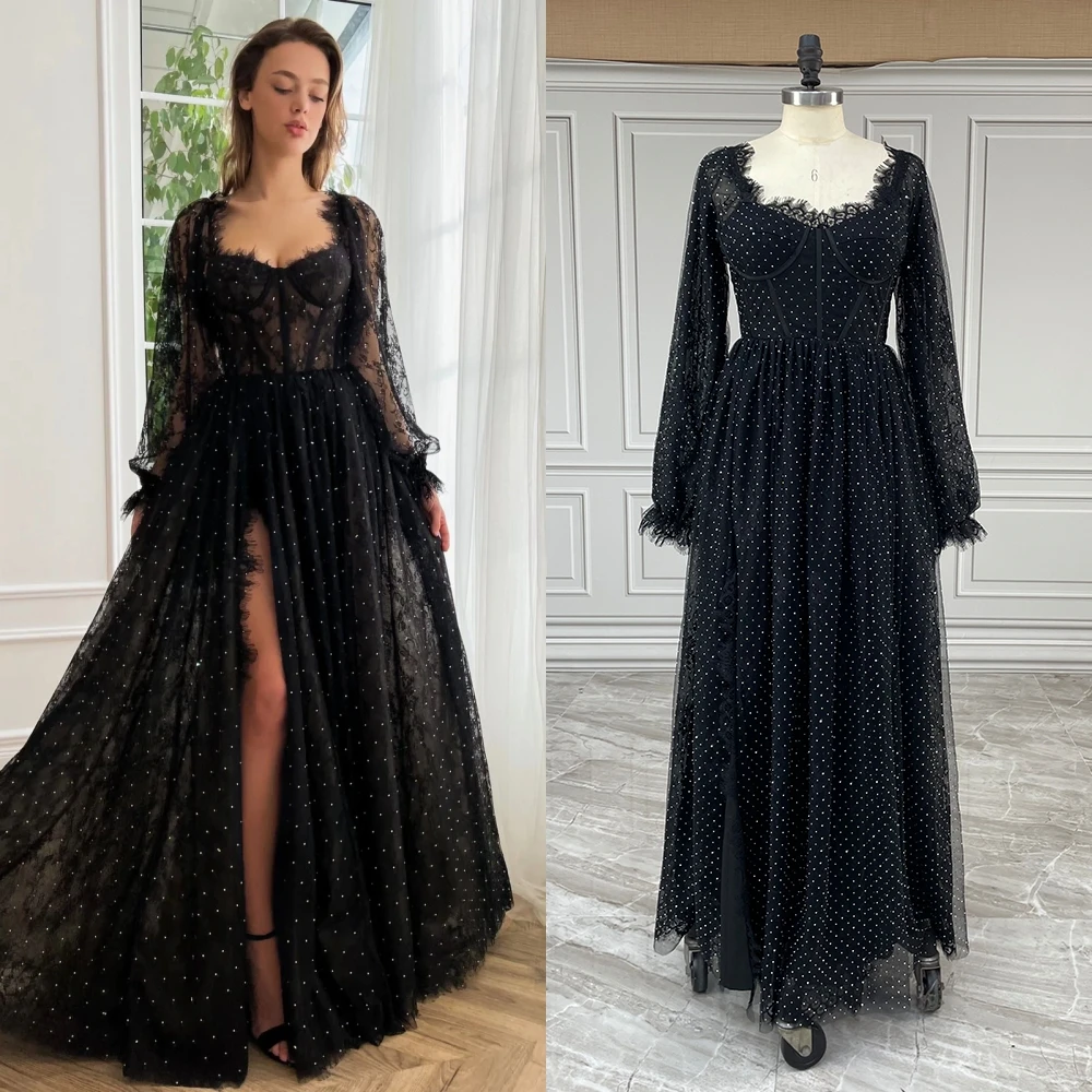 15199# Customized Black Shimmering Sequins Lace Long Puffy Sleeve Split Front Wedding Party Evening Dress For Women Prom Gown