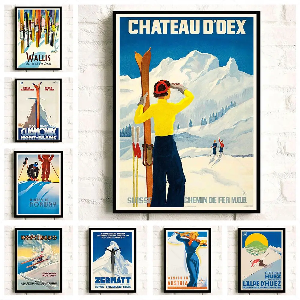 

Vintage Travel Skiing Poster Retro Australia Zermatt France Chamonix Alpe d'Huez Ski Canvas Painting Wall Art Picture Room Decor