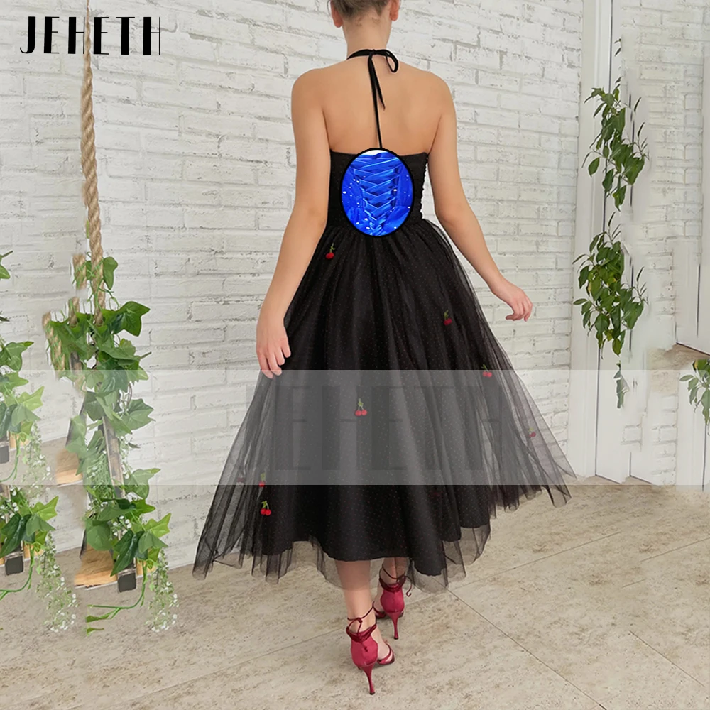 JEHETH Black Halter Cherries Dots Tulle Prom Dress Elegant A Line Sweetheart Backless Princess Formal Evening Gown Tea Length