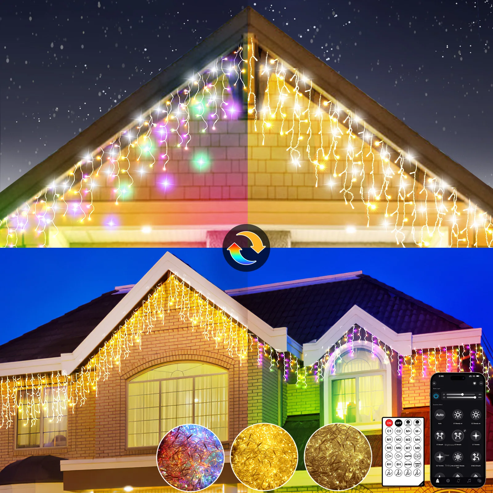 Luci LED a stalattite Natale 5/10/15/30/45 m, 200-1800 LED, bianco caldo + multicolore, 17 modalità, musica, APP + telecomando, timer, memoria, controllo di gruppo, IP65 per esterno e giardino