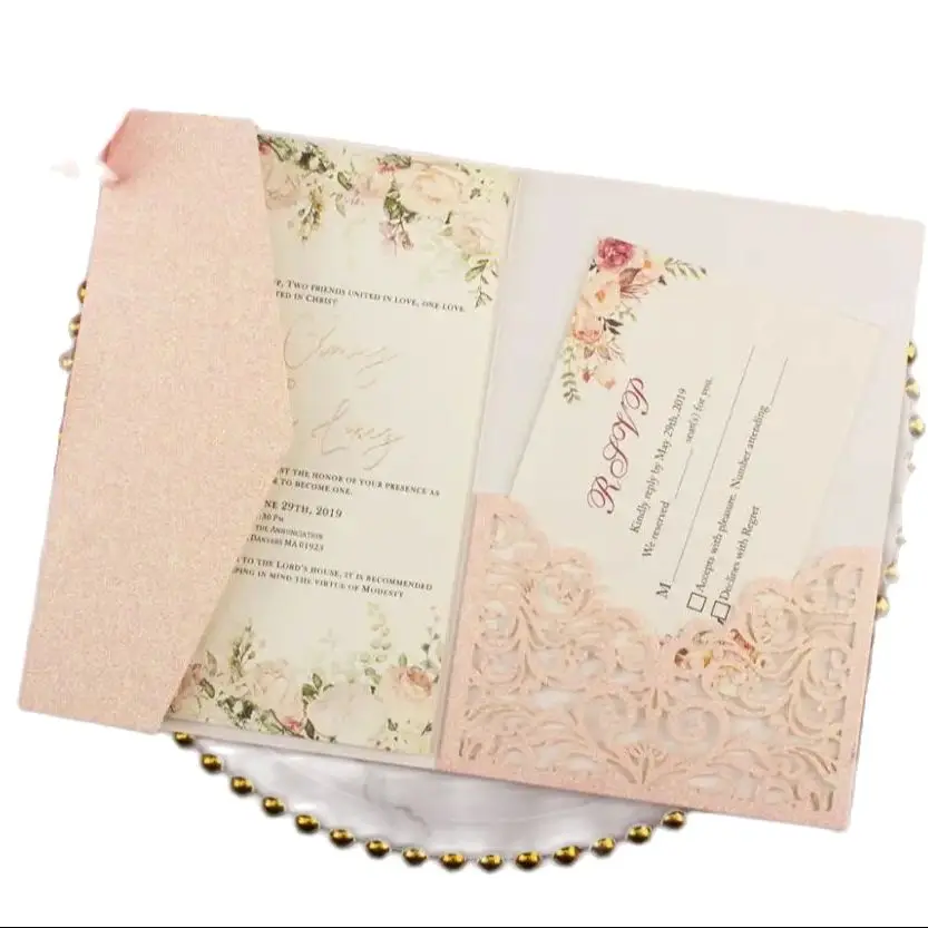 

50pcs Pocketfold Laser Cut Glitter Powder Paper Wedding Invitation Cards Trifold Pocket Card Gatefold Covers For Anniversary