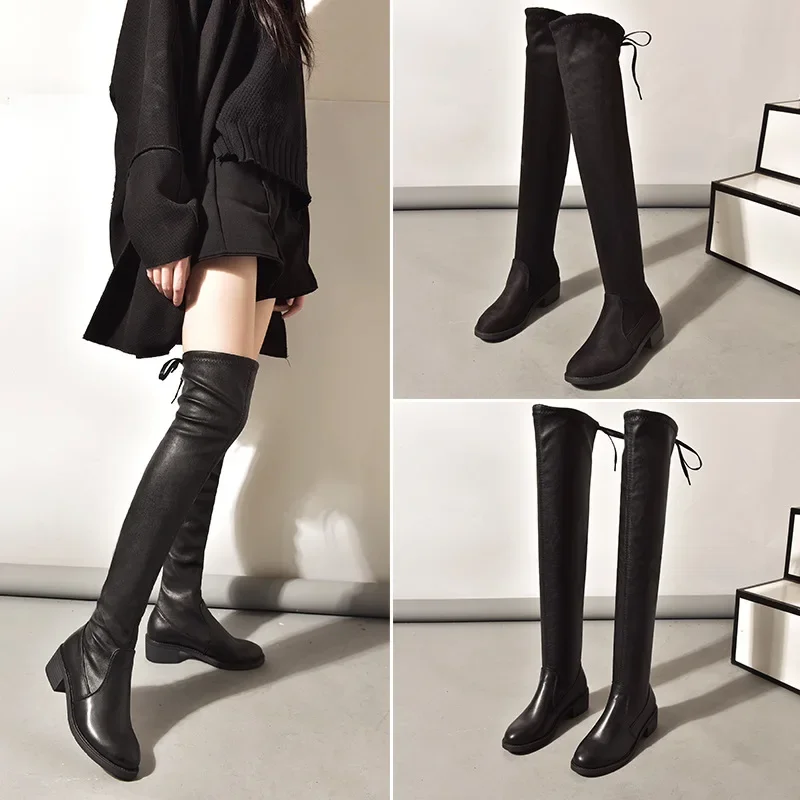 Bottes longues en cuir pour femmes, slim, au dessus du genou, à tube Long, à talons hauts, extensibles, nouvelle collection automne et hiver 2023