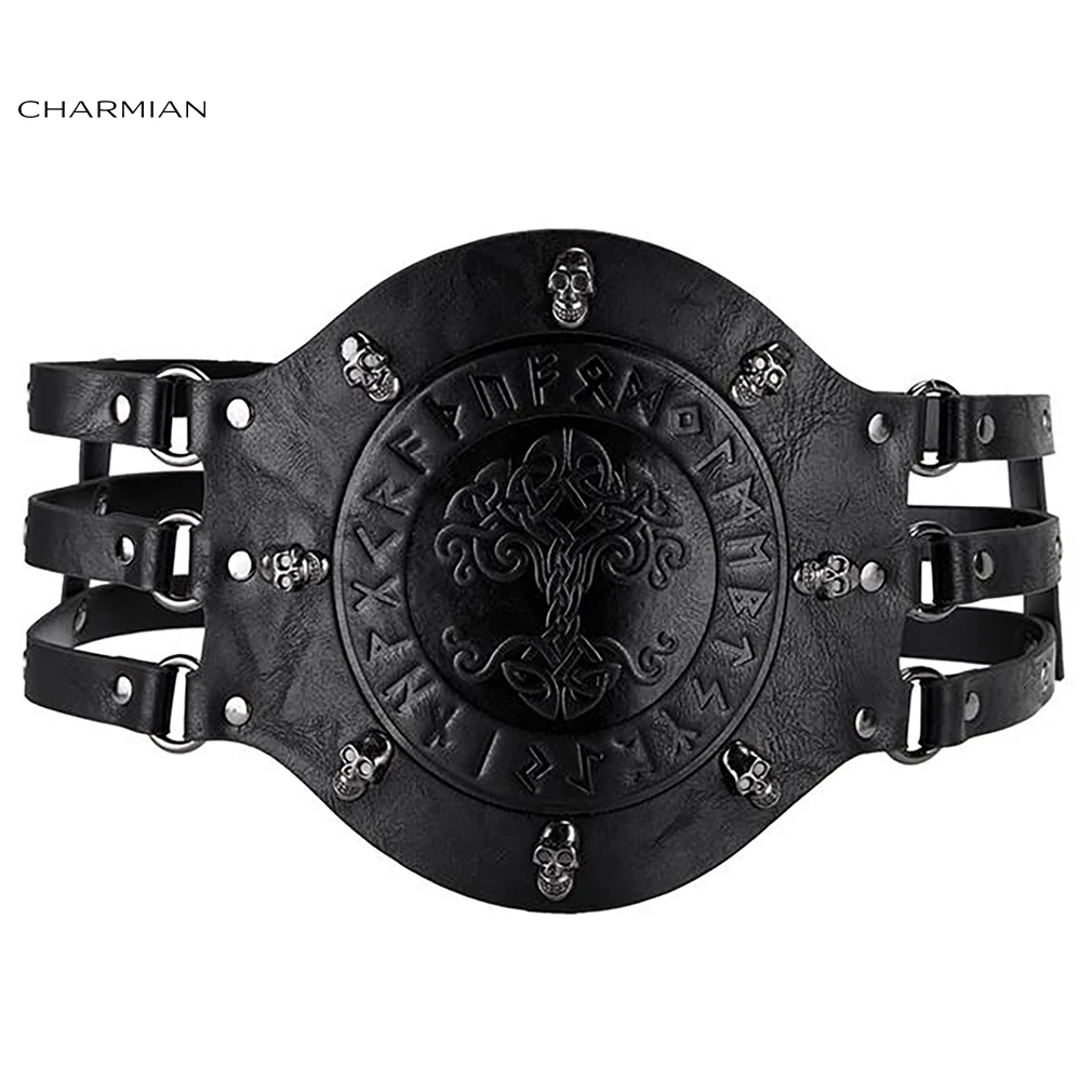 

Charmian мужской ремень с тиснением черепа и рунами викингов, готический стимпанк, пиратский косплей, поясная броня из искусственной кожи, аксессуары для Хэллоуина