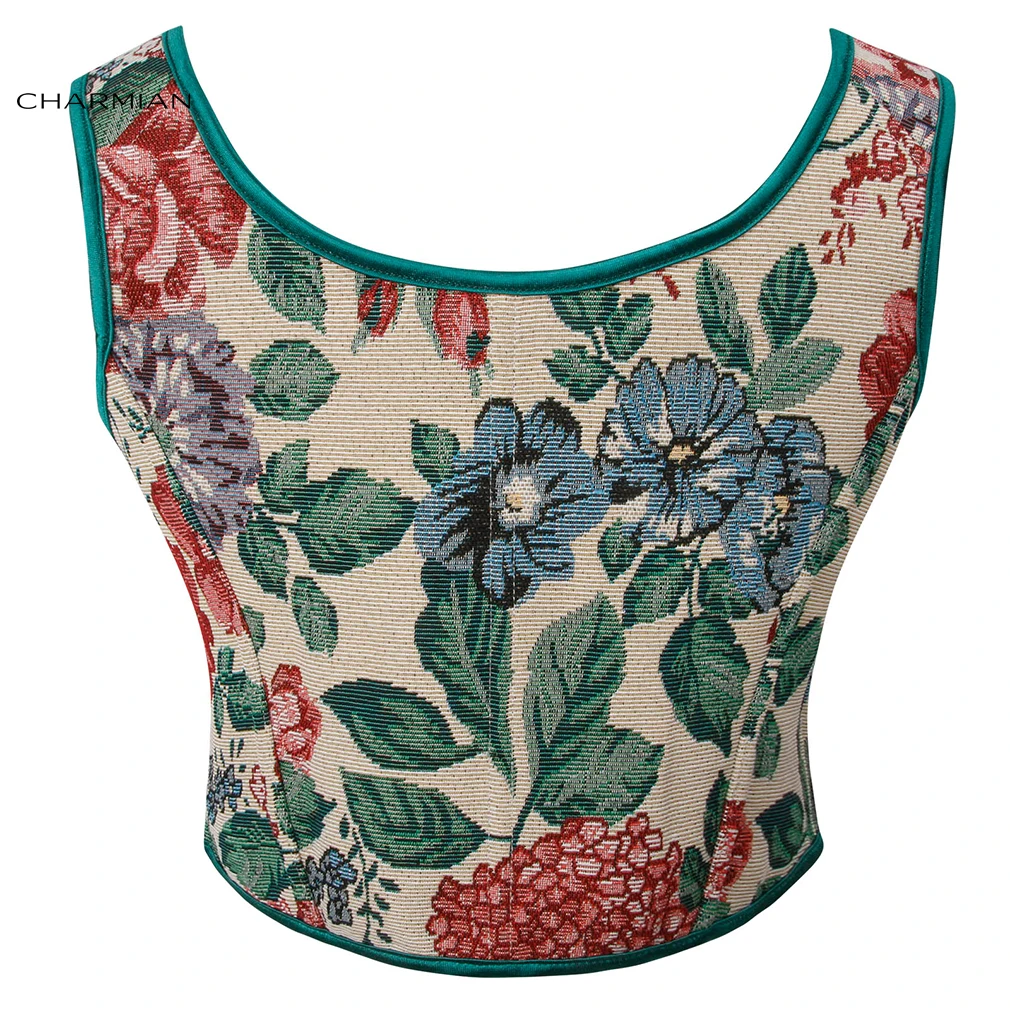 Charmian Renaissance Vest Women's Sexy Vintage Floral Overbust Corset Vest Square Lace Up Boned Bustier Corset Top Bodyshaper