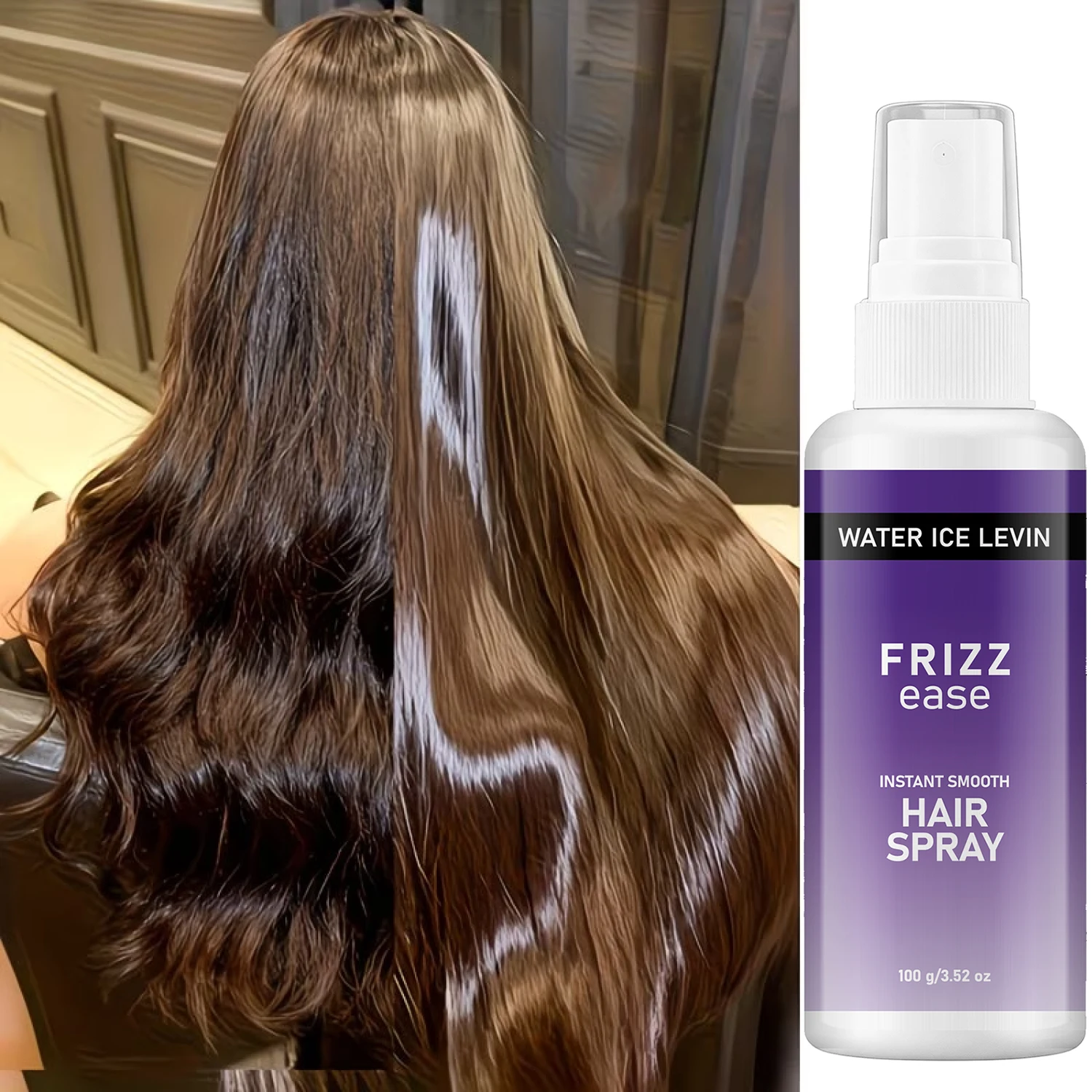 Spray capillaire lissant Water Ice Levin Frizz Ease 100g, hydratant, anti-frisottis, flexible, au collagène et au venin d'abeille