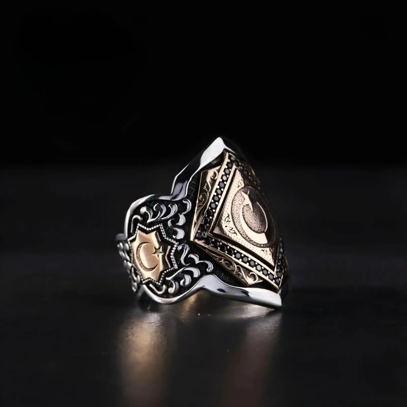 

925 Silver Black Zircon Zihgir Ring - Moon & Star Design - Custom Name & Letter - Authentic Turkish Art