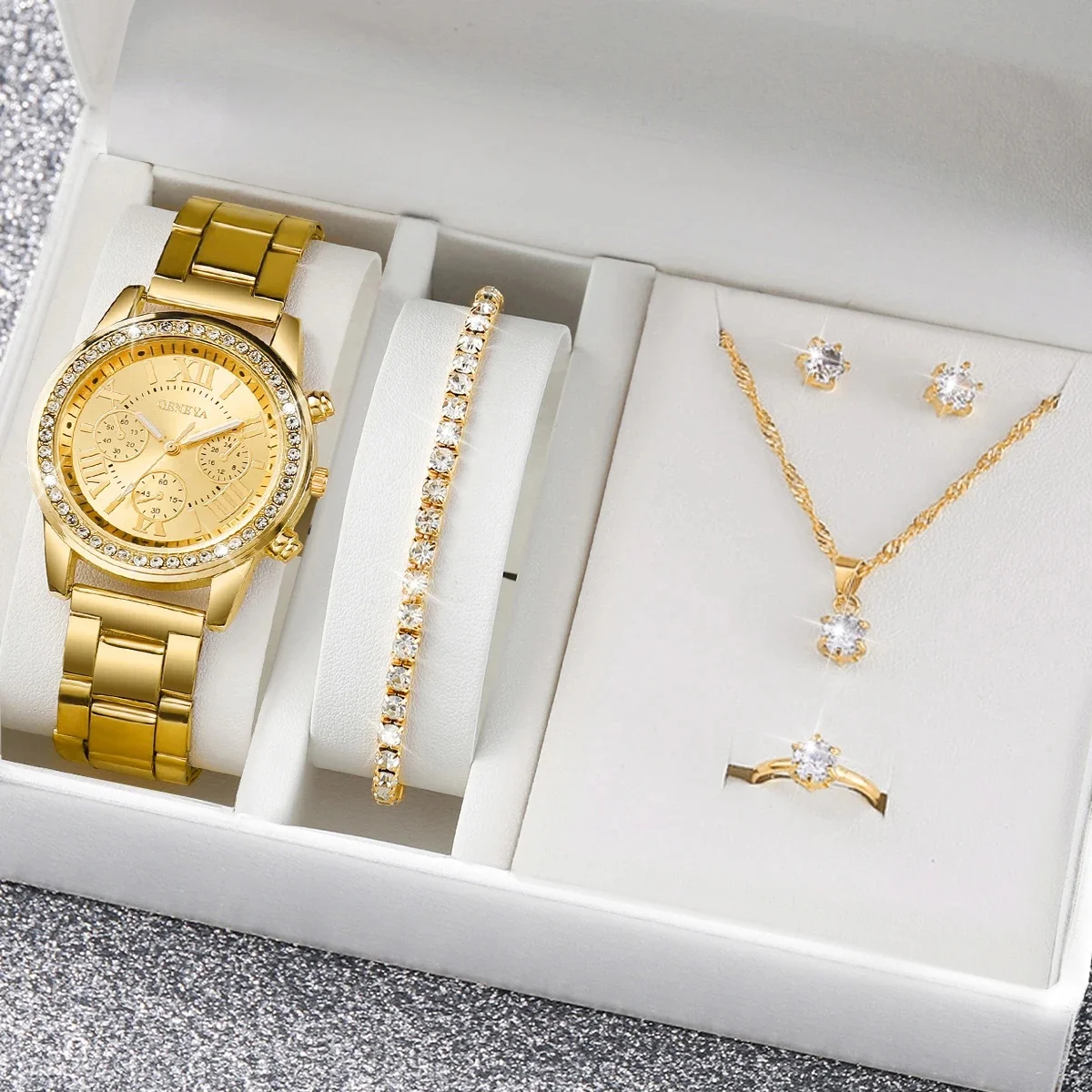 6 sztuk/zestaw moda damska zegarki kwarcowe Rhinestone pasek ze stali nierdzewnej zegarek na rękę zestaw biżuterii (bez pudełka) — zdjęcie 2