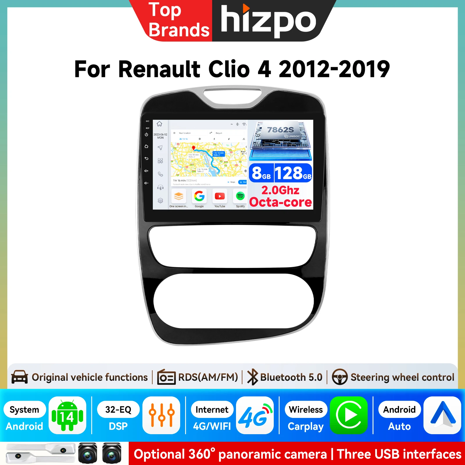 Autoradio Android Hizpo per Renault Clio 4 ZOE 2012-2019, Sistema Multimediale Intelligente con CarPlay, Schermo GPS, DSP e Video