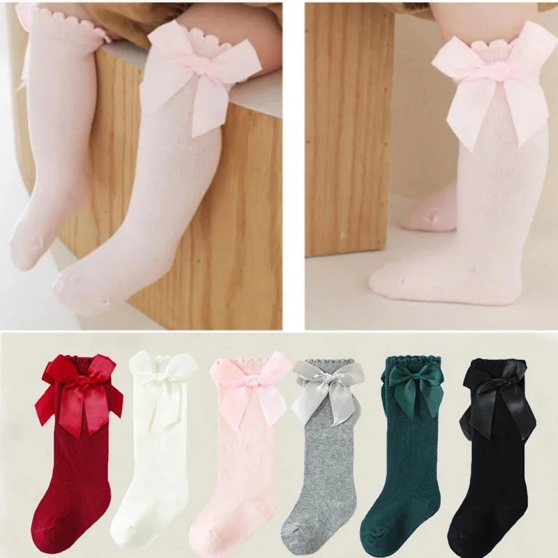 3 paires/ensemble enfants filles chaussettes avec arcs genou haute élégante princesse enfants chaussettes pour filles enfant en bas âge bébé longue chaussette automne printemps