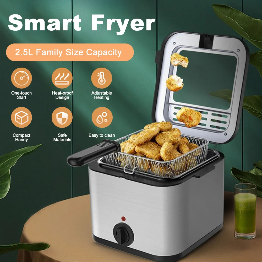 2,5 l Fritteuse aus Edelstahl, 1000 W, abnehmbarer Öltankkorb, leicht zu reinigende elektrische Chip-Fritteuse für Fisch-Hühnerchips
