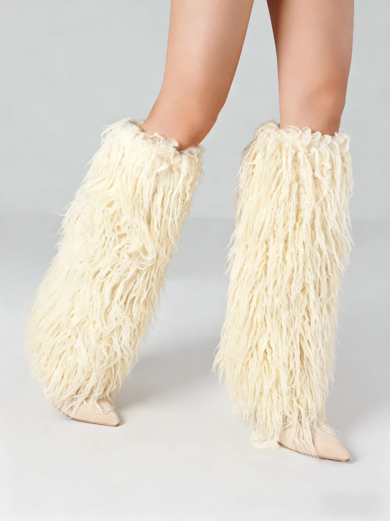 Botas de piel hasta la rodilla para mujer, botas de tacón de aguja, botas peludas de media caña, botas largas de invierno con punta puntiaguda y pantorrilla ancha