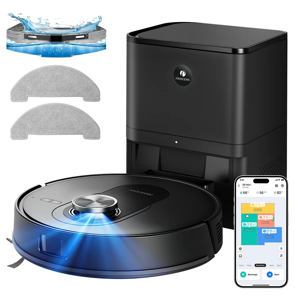 Aspiradora y Mopa Robótica Proscenic Q8 Max+ con Succión Potente de 8000Pa, 200 Minutos de Autonomía, Batería de 3200mAh, Estación de