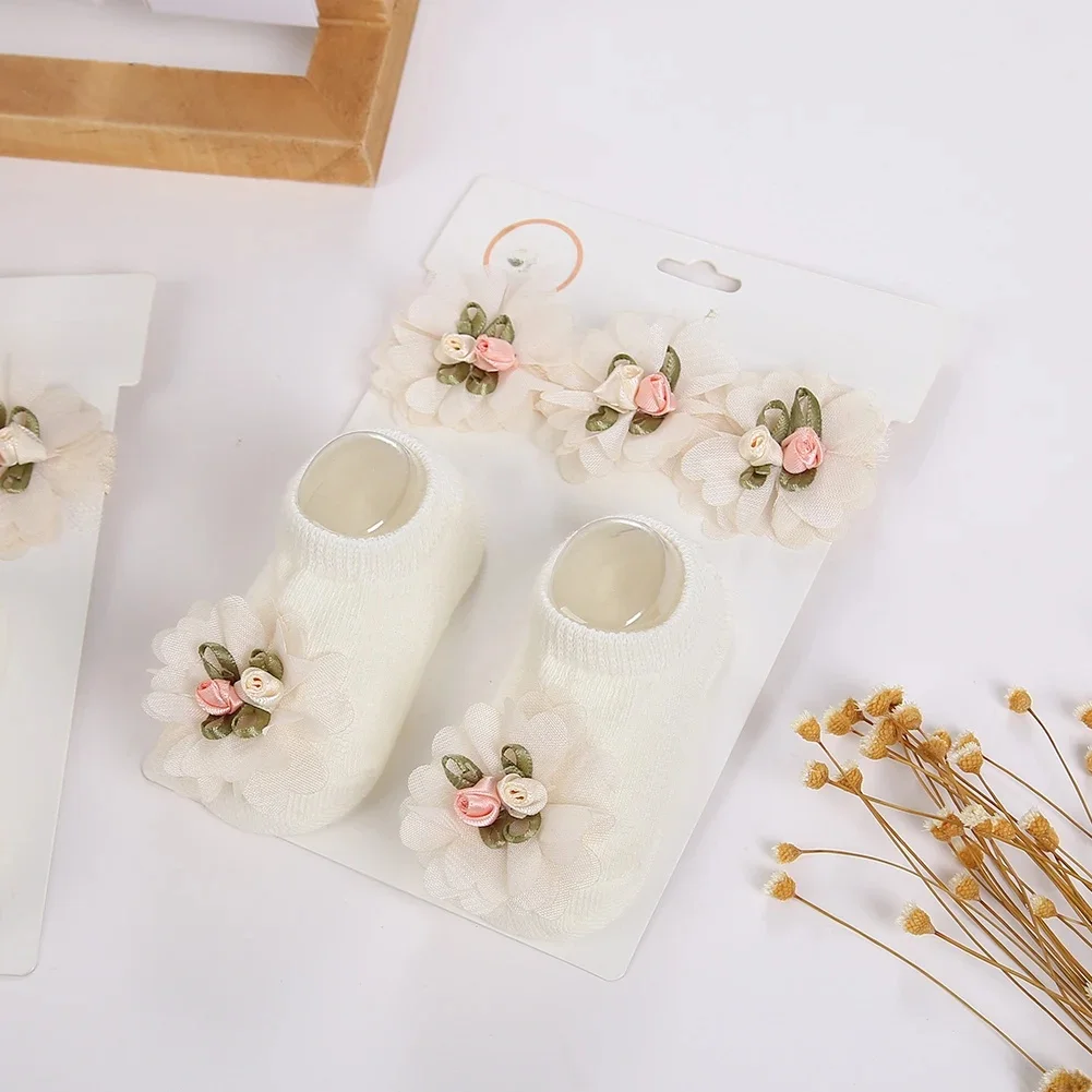 3 pièces/ensemble Ins crème mousseline de soie fleur bandeaux avec chaussettes en coton pour bébé filles Boutique fleur anti-dérapant court coton 0-12M chaussette