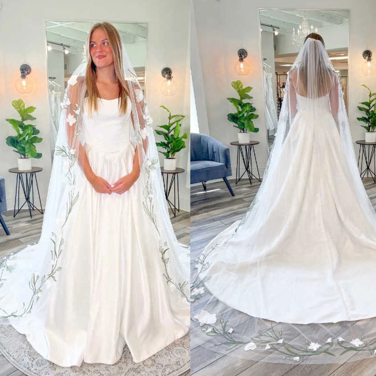 

Роскошная свадебная фата из шифона с 3D цветочным узором, длинная, в церковную длину, с расческой, на заказ