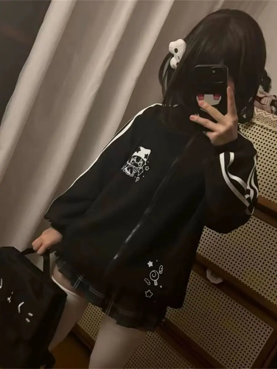 Preppy Style Fashion Cute Japanese Zip Up Cardigan Harajuku Punk Grunge Loose Turn Down Collar Y2k Hoodies Casual Sweatshirts