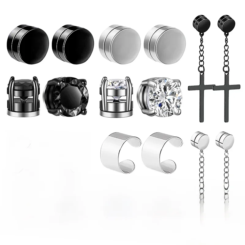 Brincos magnéticos de aço inoxidável para homens e mulheres, ímã preto CZ, conjunto de brinco com