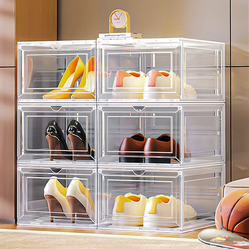 Shoe Rack 6 Pack Shoe Boxes Clear Upgrade Harder Solid Plastic Shoe Organizer, Shoe Storage with Magnetic Front Door,