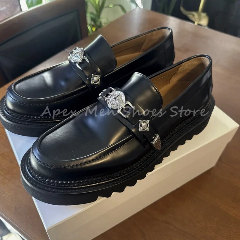 

Elegant Thick Platform Sole Genuine Leather Loafers Slip On Streetwear Casual Shoes Metal Buckle Decorated Black Men's Shoes